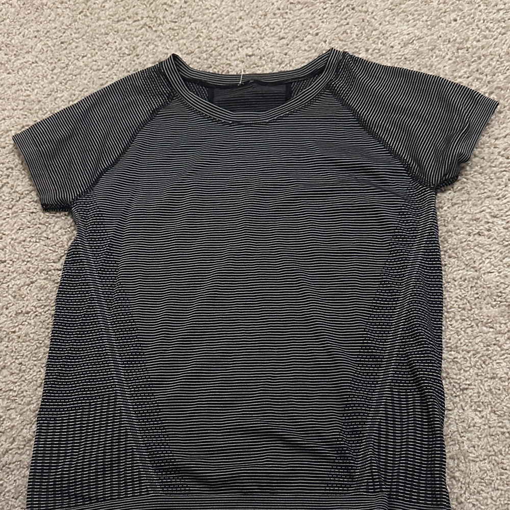 Athleta Black and Gray Striped Short Sleeve Tee